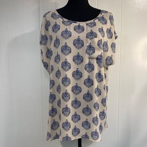 LOFT Blush Pink Flowy Tunic Blue Medallion Print Blouse Dolman Preppy Top Large